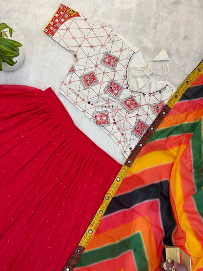 Red Navratri Lehenga Set with Printed Faux Georgette Dupatta, Mirror Work & Gota Detailing