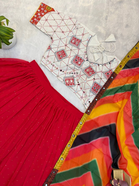 Red Navratri Lehenga Set with Printed Faux Georgette Dupatta, Mirror Work & Gota Detailing