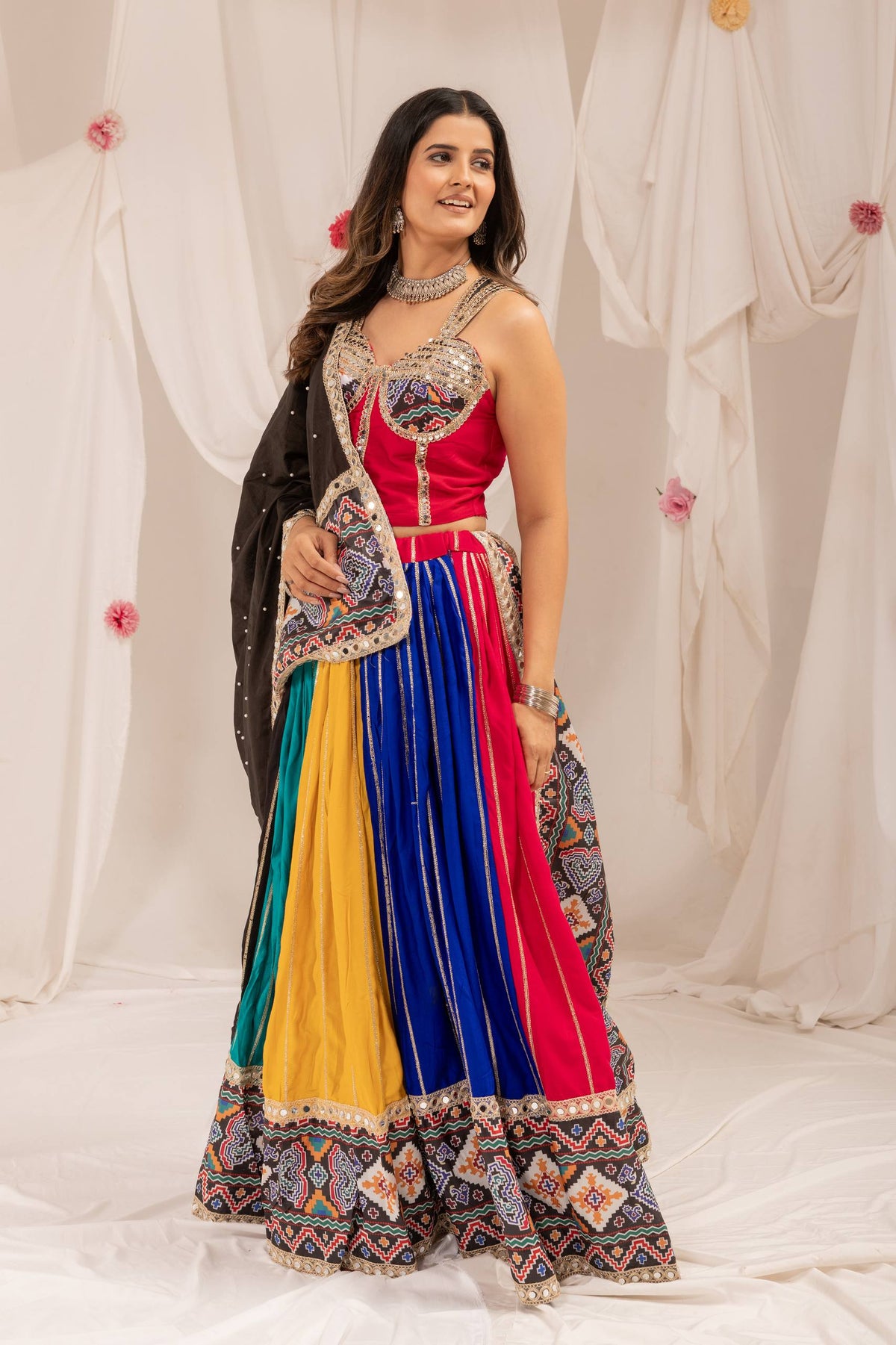 Multicolour Navratri Lehenga Set in Pure Rayon with Patola Print & Mirror Work