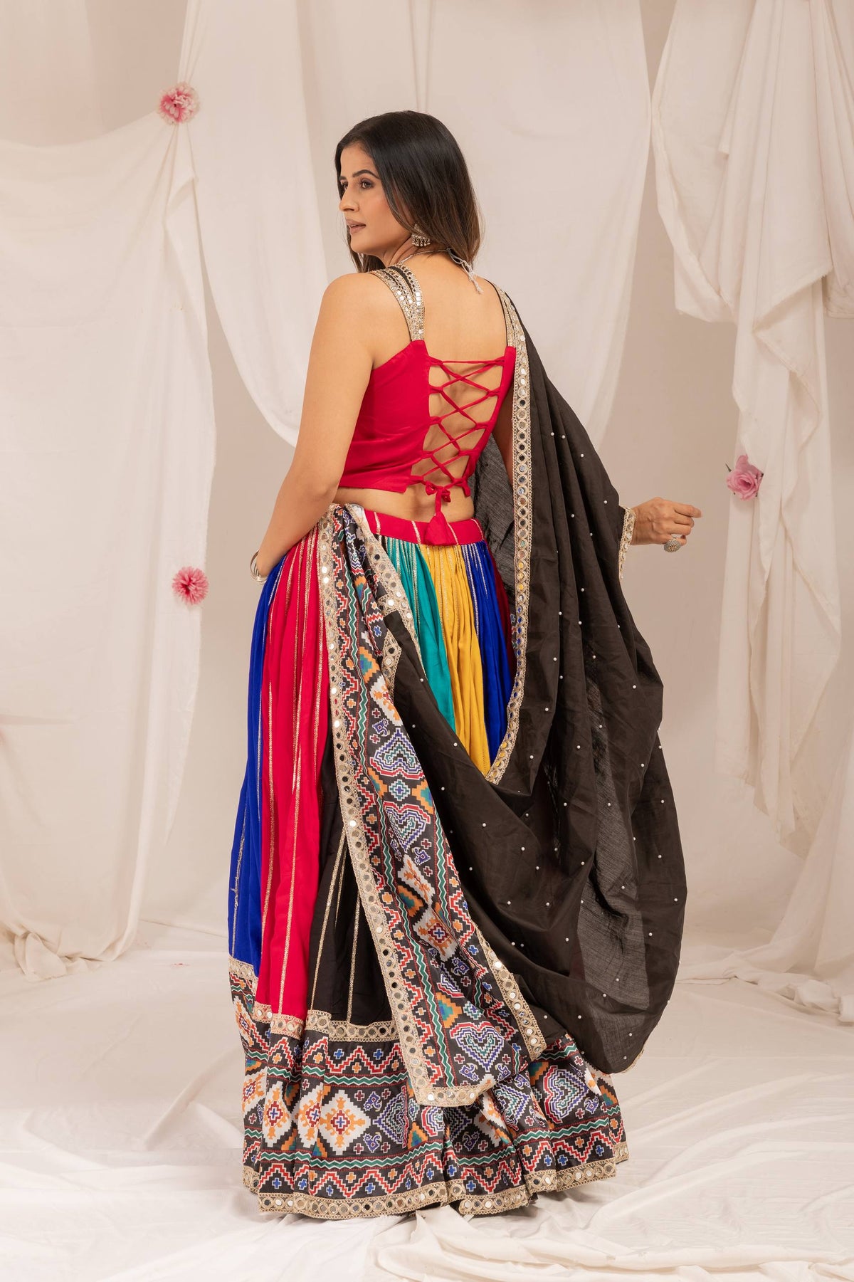 Multicolour Navratri Lehenga Set in Pure Rayon with Patola Print & Mirror Work