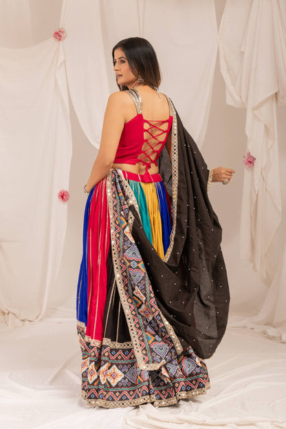 Multicolour Navratri Lehenga Set in Pure Rayon with Patola Print & Mirror Work