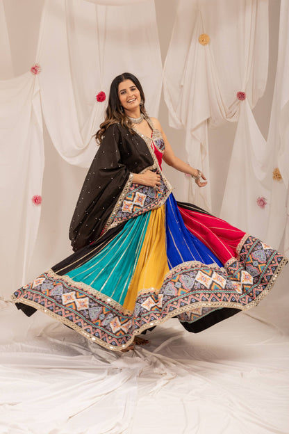 Multicolour Navratri Lehenga Set in Pure Rayon with Patola Print & Mirror Work