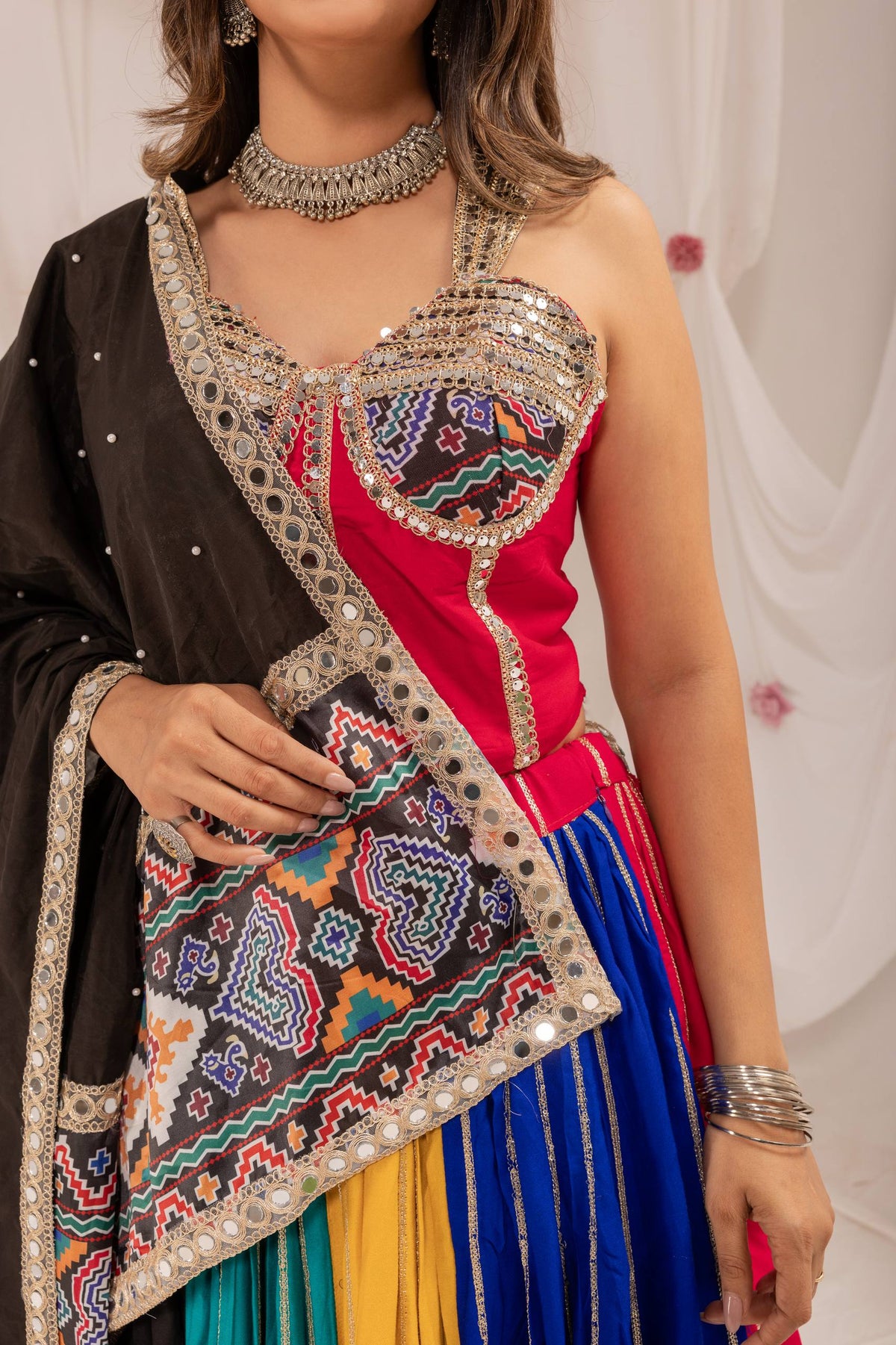 Multicolour Navratri Lehenga Set in Pure Rayon with Patola Print & Mirror Work