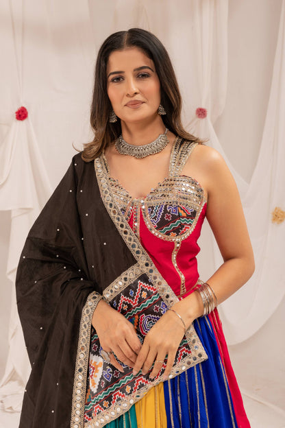 Multicolour Navratri Lehenga Set in Pure Rayon with Patola Print & Mirror Work