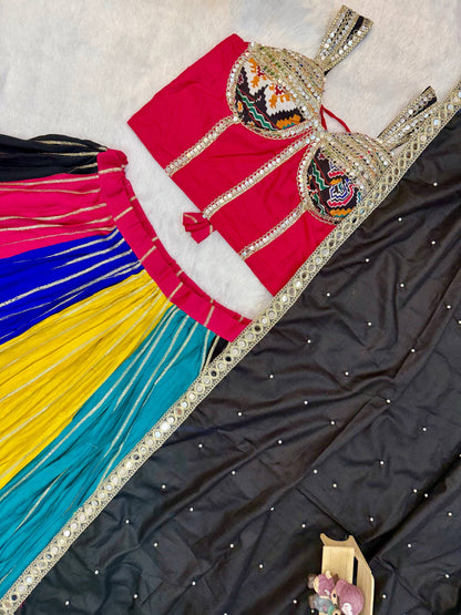Multicolour Navratri Lehenga Set in Pure Rayon with Patola Print & Mirror Work
