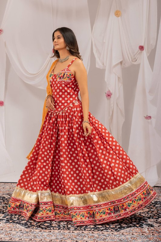 Red Pure Cotton Navratri Lehenga Set with Mirror Work & Printed Dupatta