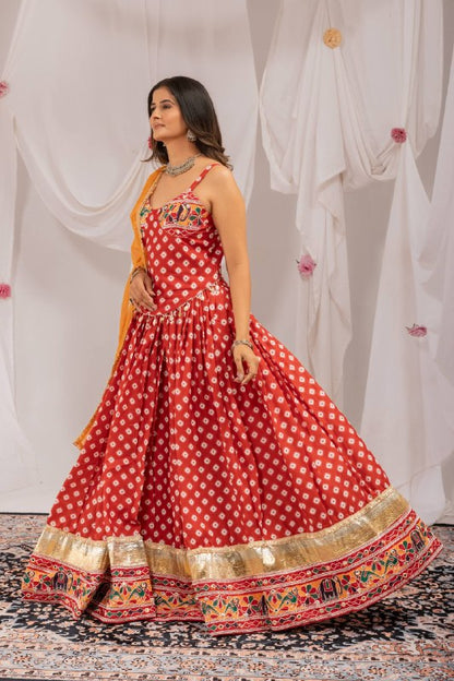 Red Pure Cotton Navratri Lehenga Set with Mirror Work & Printed Dupatta