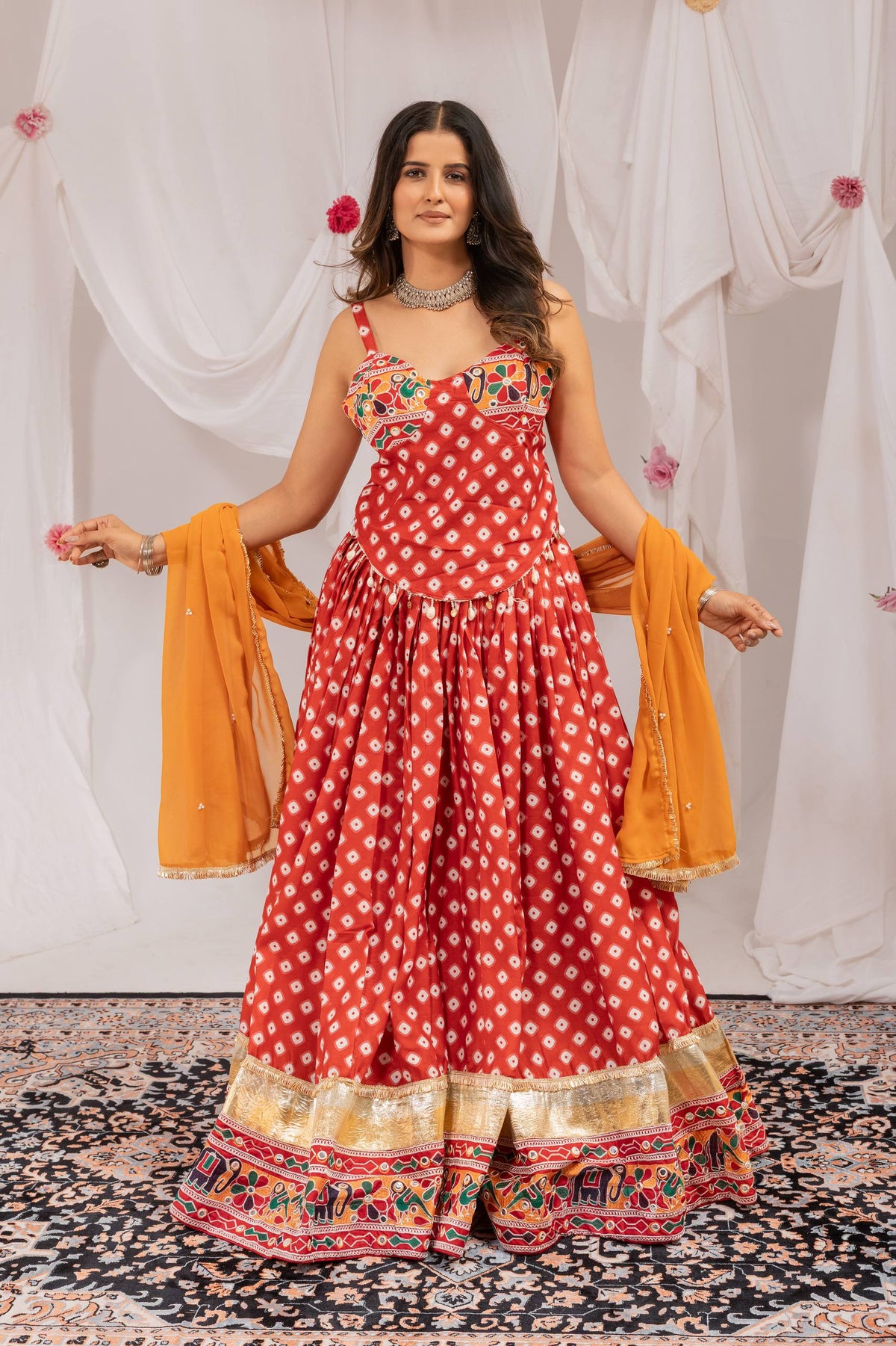 Red Pure Cotton Navratri Lehenga Set with Mirror Work & Printed Dupatta
