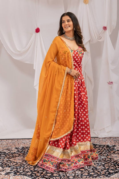 Red Pure Cotton Navratri Lehenga Set with Mirror Work & Printed Dupatta