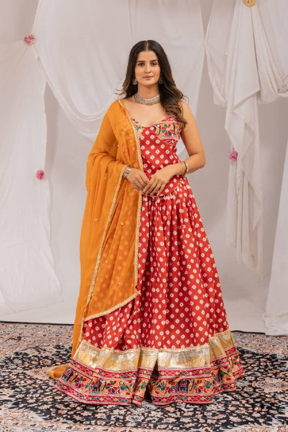 Red Pure Cotton Navratri Lehenga Set with Mirror Work & Printed Dupatta