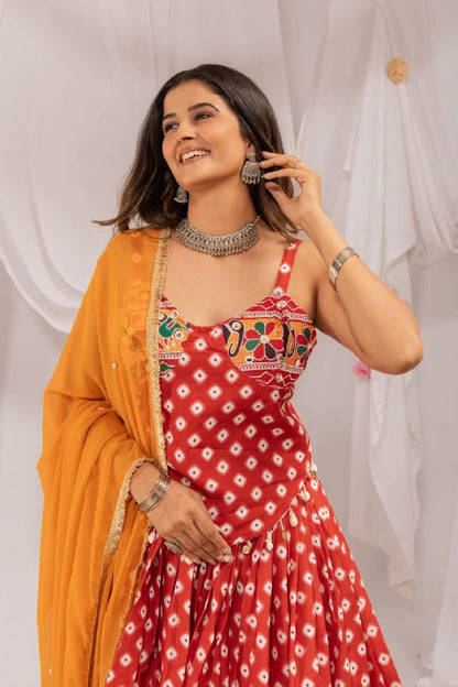 Red Pure Cotton Navratri Lehenga Set with Mirror Work & Printed Dupatta