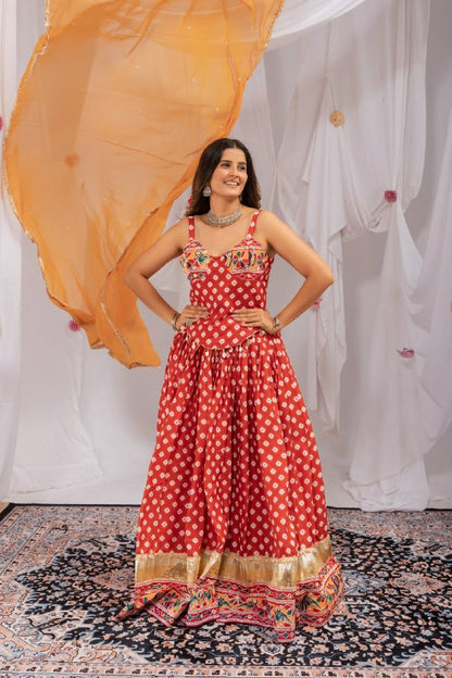 Red Pure Cotton Navratri Lehenga Set with Mirror Work & Printed Dupatta