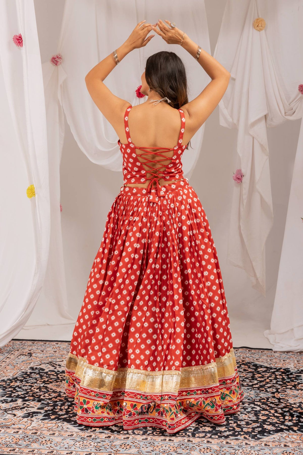 Red Pure Cotton Navratri Lehenga Set with Mirror Work & Printed Dupatta