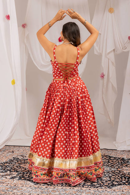 Red Pure Cotton Navratri Lehenga Set with Mirror Work & Printed Dupatta