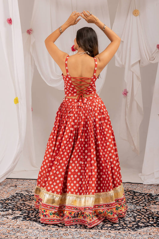 Red Pure Cotton Navratri Lehenga Set with Mirror Work & Printed Dupatta