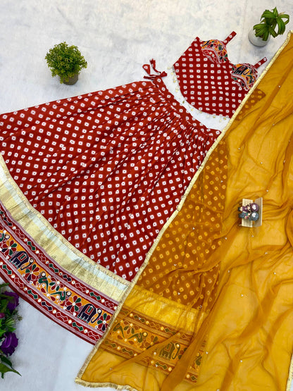 Red Pure Cotton Navratri Lehenga Set with Mirror Work & Printed Dupatta