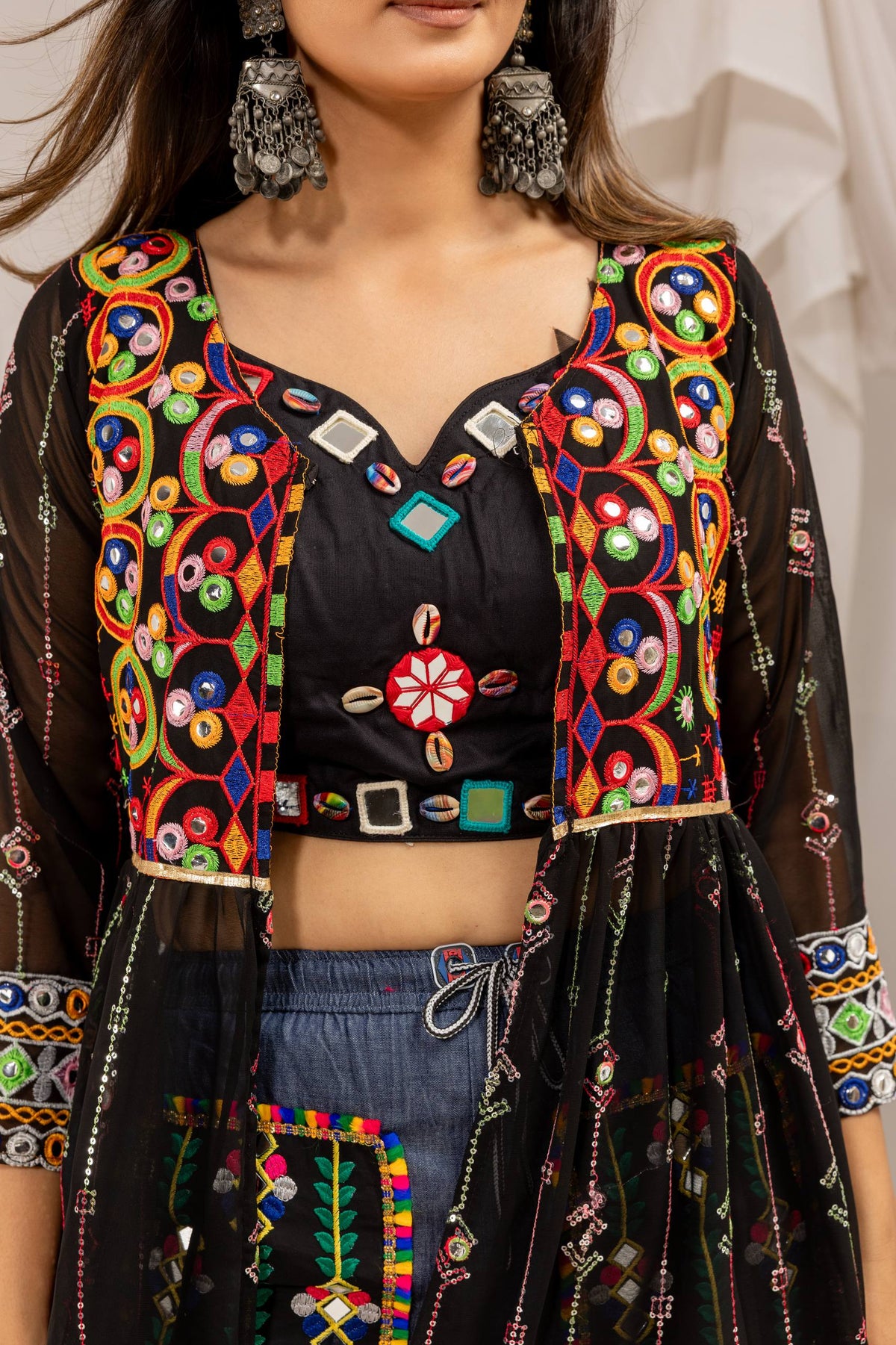 Black Navratri Shrug with Mirror Work & Embroidered Denim Jeans Set