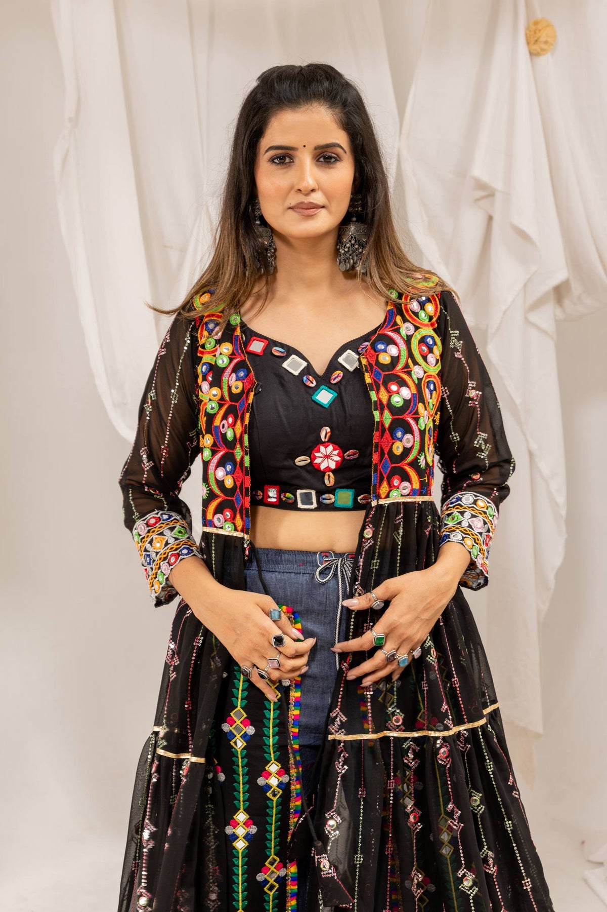 Black Navratri Shrug with Mirror Work & Embroidered Denim Jeans Set