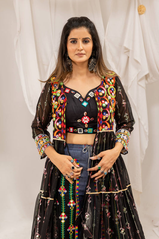Black Navratri Shrug with Mirror Work & Embroidered Denim Jeans Set
