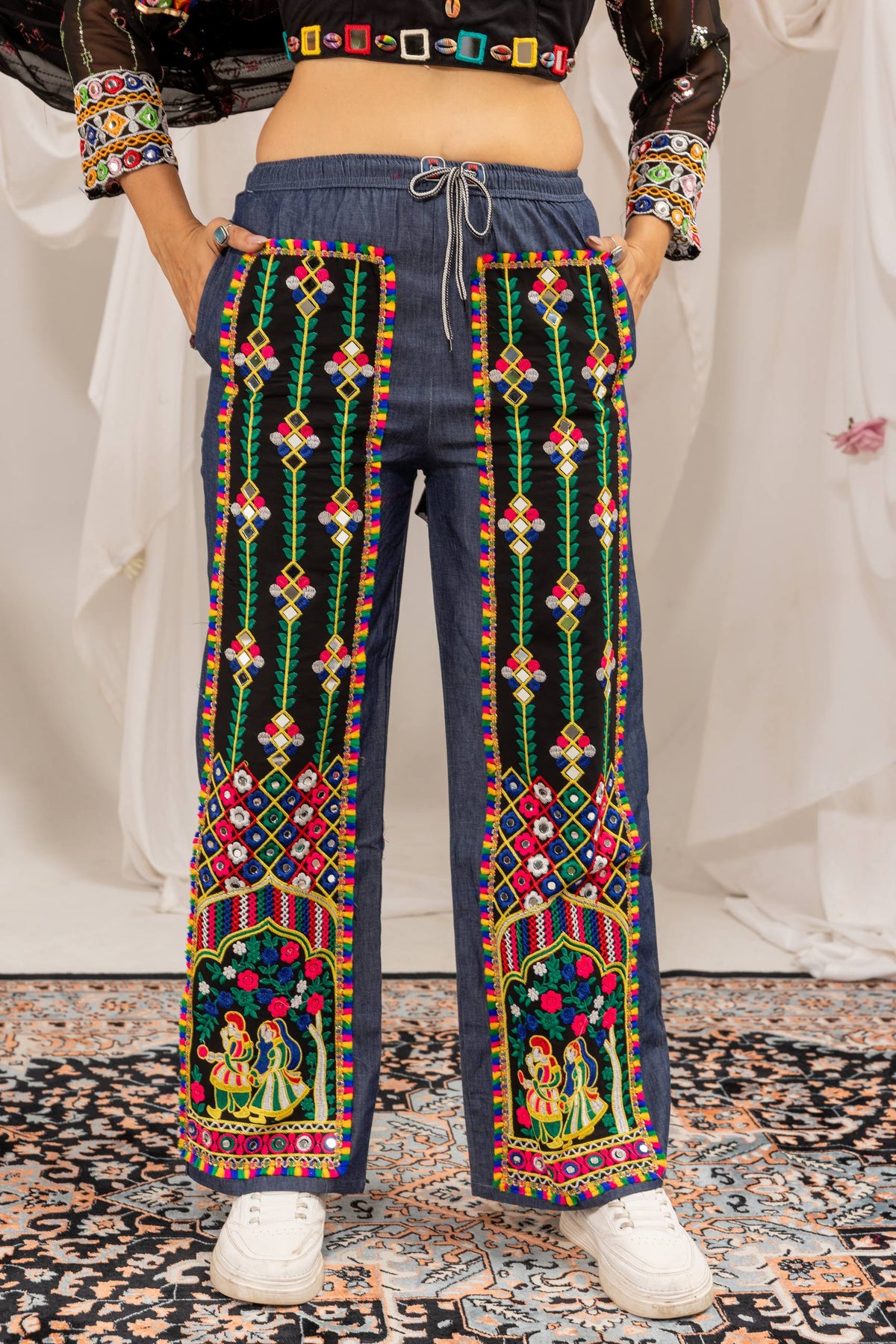 Black Navratri Shrug with Mirror Work & Embroidered Denim Jeans Set