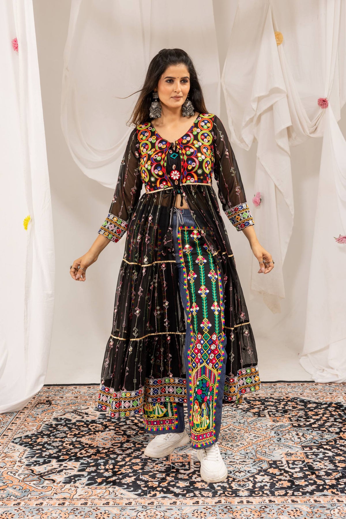 Black Navratri Shrug with Mirror Work & Embroidered Denim Jeans Set