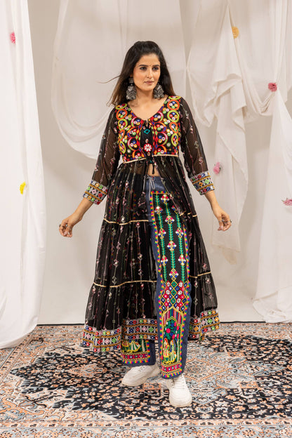 Black Navratri Shrug with Mirror Work & Embroidered Denim Jeans Set