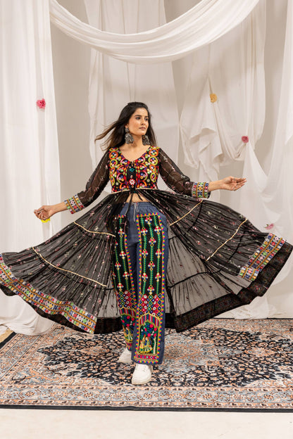 Black Navratri Shrug with Mirror Work & Embroidered Denim Jeans Set