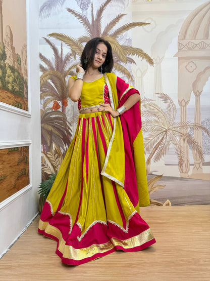 Yellow & Pink Roman Silk Navratri Lehenga Choli with Fancy Lace