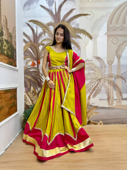 Yellow & Pink Roman Silk Navratri Lehenga Choli with Fancy Lace
