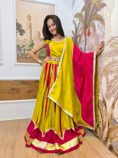 Yellow & Pink Roman Silk Navratri Lehenga Choli with Fancy Lace