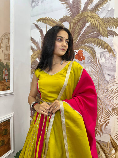 Yellow & Pink Roman Silk Navratri Lehenga Choli with Fancy Lace
