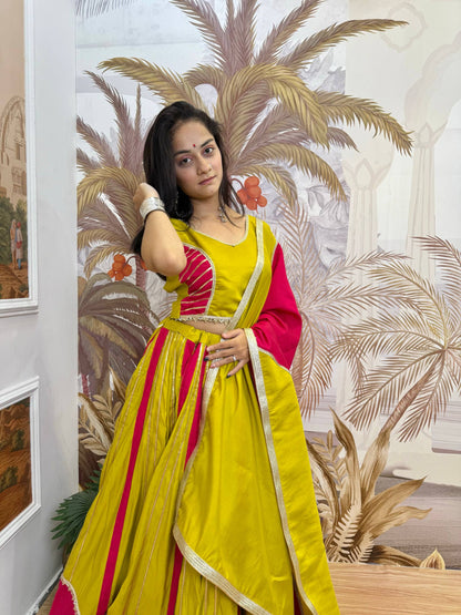 Yellow & Pink Roman Silk Navratri Lehenga Choli with Fancy Lace
