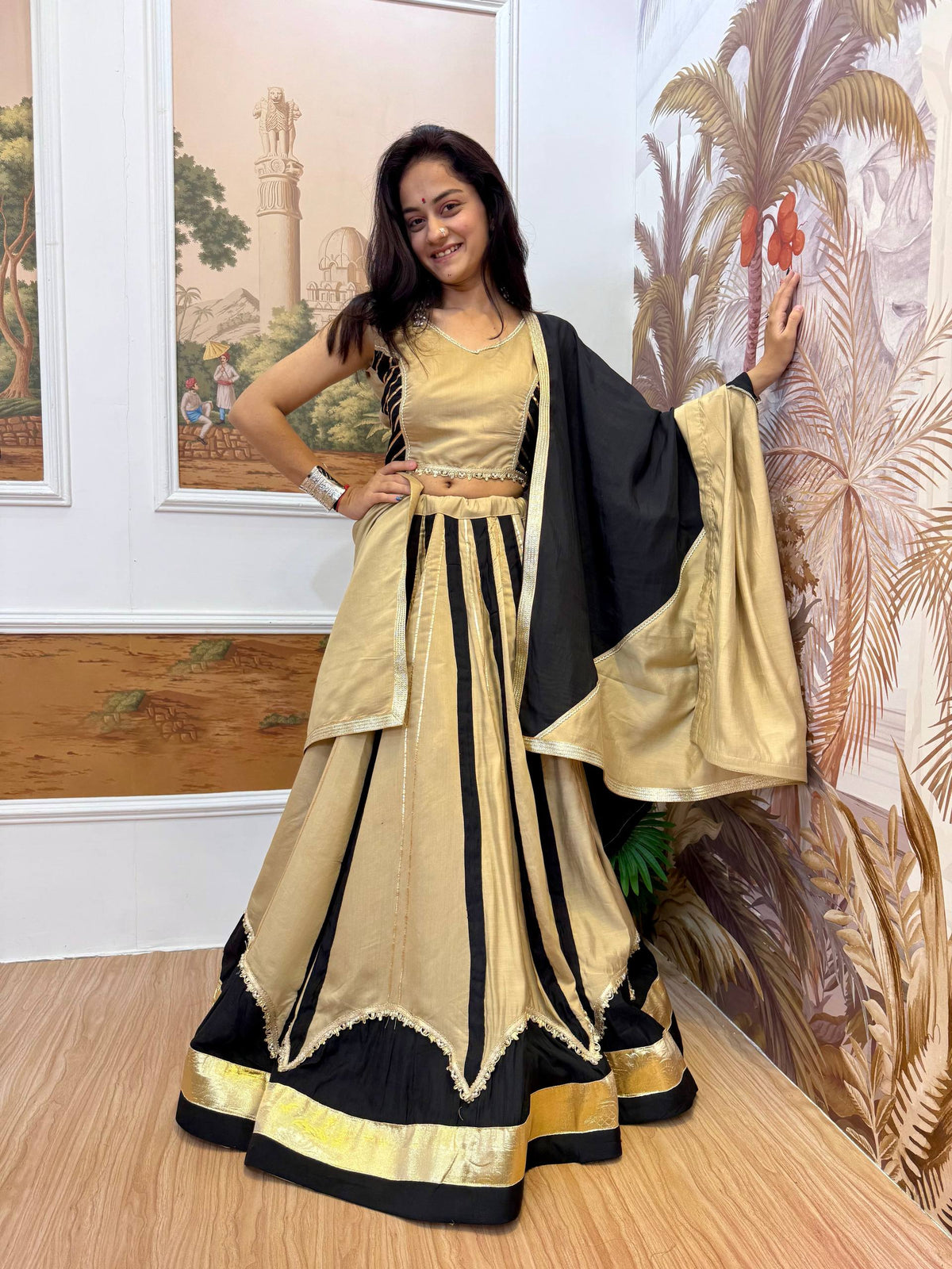 Black & Gold Roman Silk Navratri Lehenga Choli with Fancy Lace