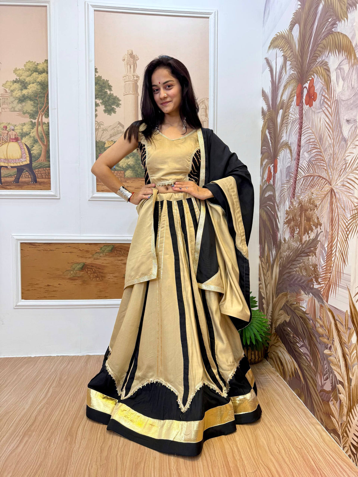 Black & Gold Roman Silk Navratri Lehenga Choli with Fancy Lace