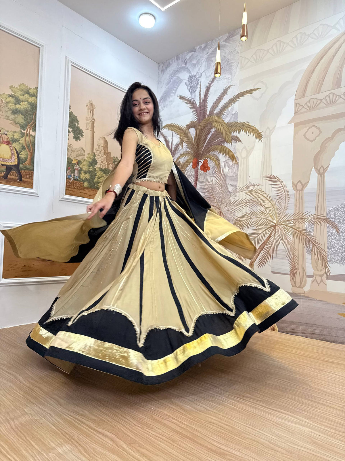 Black & Gold Roman Silk Navratri Lehenga Choli with Fancy Lace