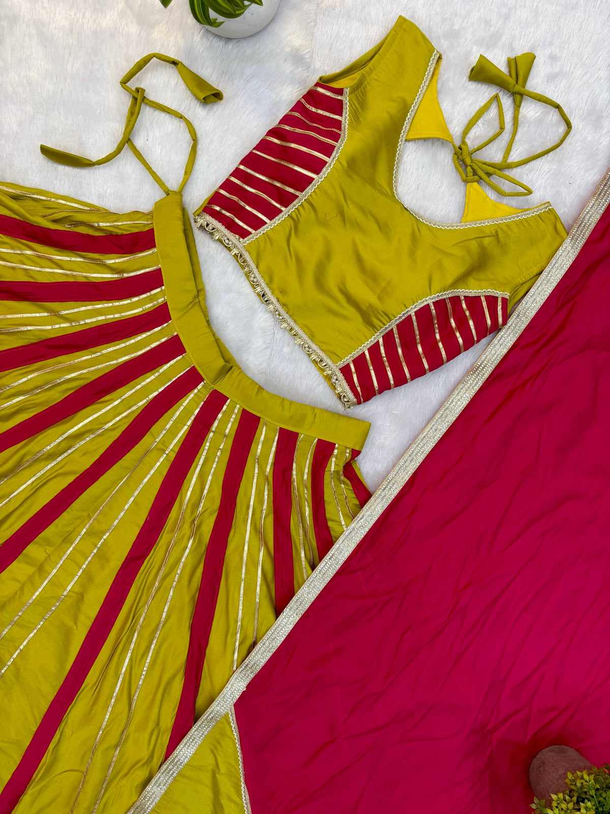 Yellow & Pink Roman Silk Navratri Lehenga Choli with Fancy Lace