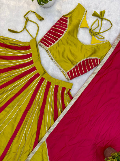 Yellow & Pink Roman Silk Navratri Lehenga Choli with Fancy Lace
