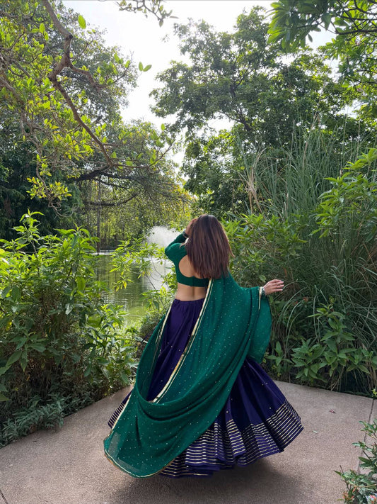 Navy Blue Roman Silk Navratri Lehenga Choli with Mirror Work & Ghughari Lace