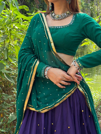 Navy Blue Roman Silk Navratri Lehenga Choli with Mirror Work & Ghughari Lace