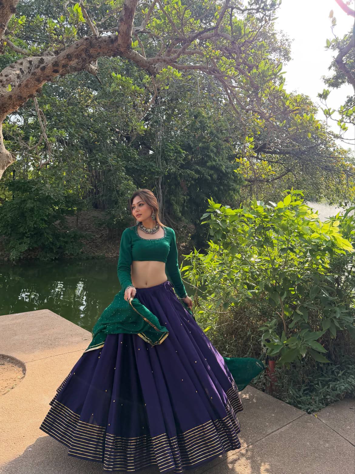 Navy Blue Roman Silk Navratri Lehenga Choli with Mirror Work & Ghughari Lace
