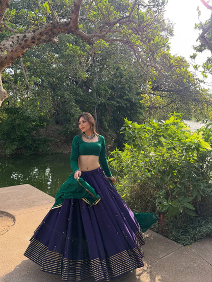 Navy Blue Roman Silk Navratri Lehenga Choli with Mirror Work & Ghughari Lace