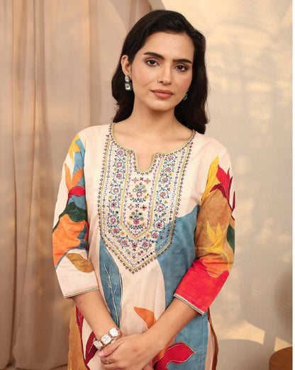 Mustard Multicolour Floral Printed Cotton Silk Blend Kurta Set with Dupatta