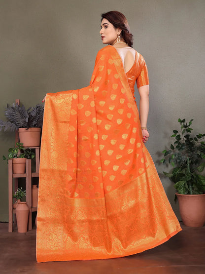 Orange Banarasi Silk Saree with Antique Gold Zari Butta & Rich Floral Woven Border