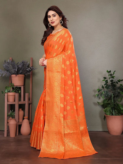 Orange Banarasi Silk Saree with Antique Gold Zari Butta & Rich Floral Woven Border
