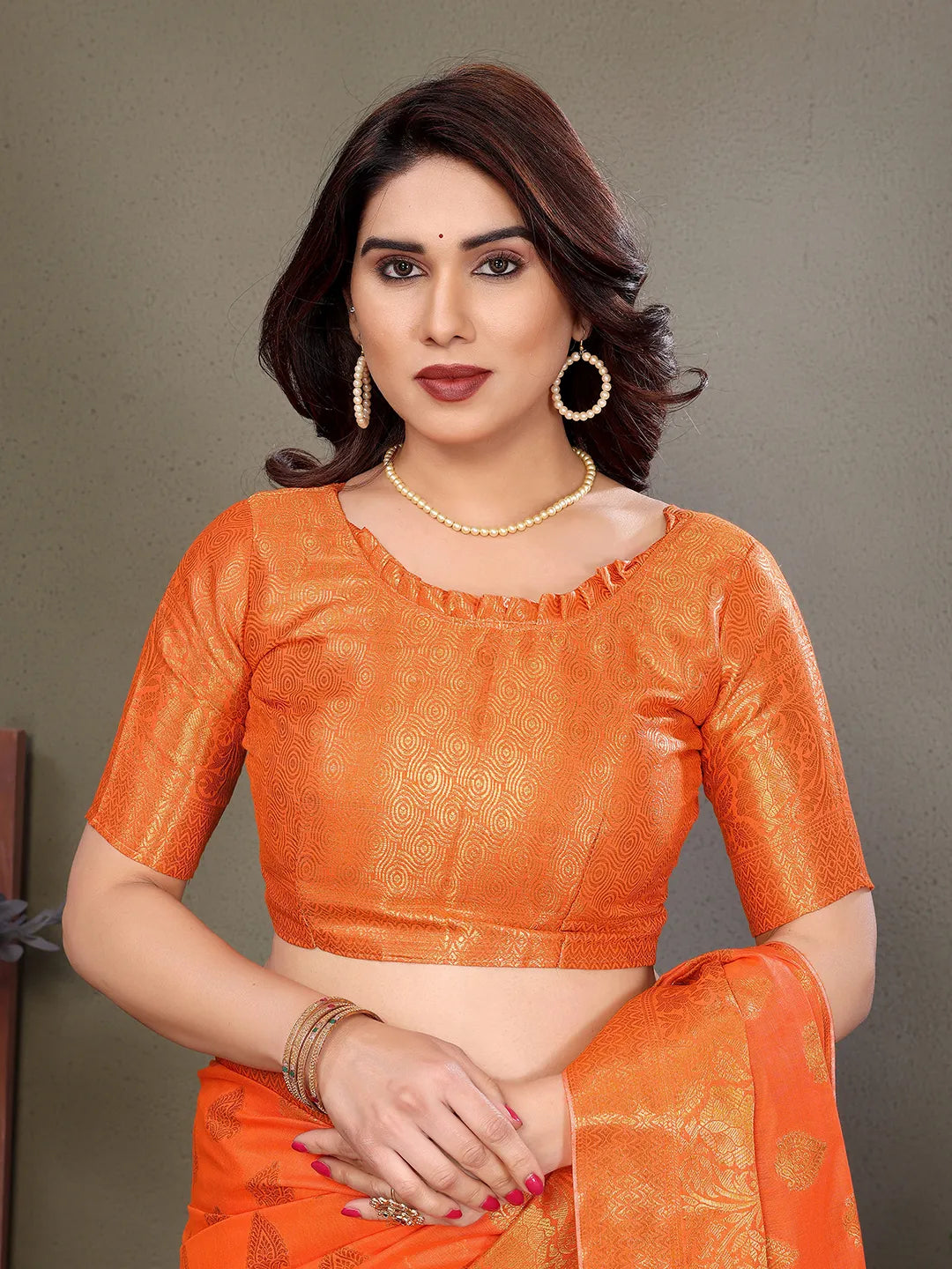 Orange Banarasi Silk Saree with Antique Gold Zari Butta & Rich Floral Woven Border