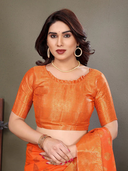 Orange Banarasi Silk Saree with Antique Gold Zari Butta & Rich Floral Woven Border