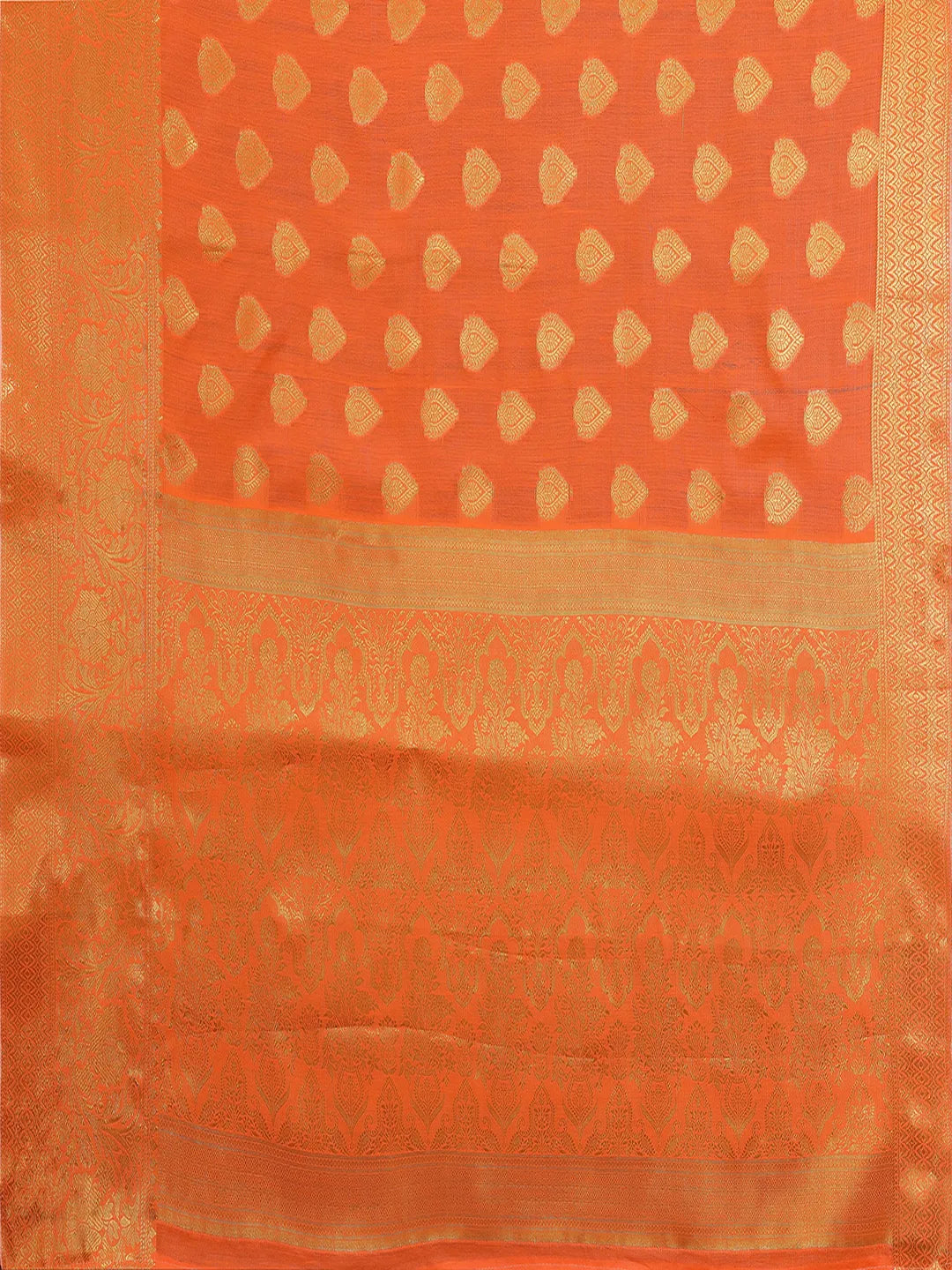 Orange Banarasi Silk Saree with Antique Gold Zari Butta & Rich Floral Woven Border
