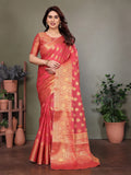 Rose Pink Banarasi Silk Saree with Antique Gold Zari Butta & Rich Floral Woven Border