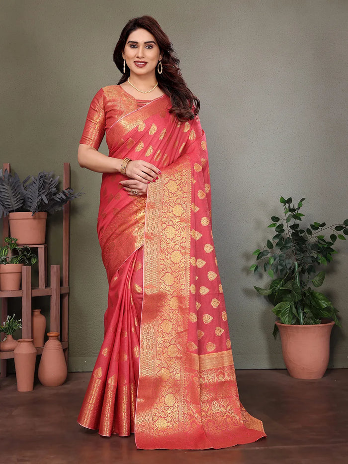 Rose Pink Banarasi Silk Saree with Antique Gold Zari Butta & Rich Floral Woven Border
