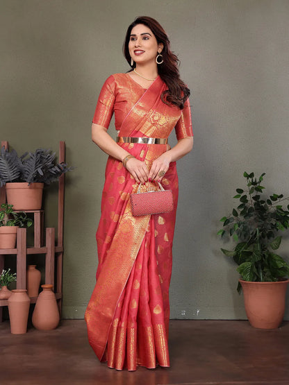 Rose Pink Banarasi Silk Saree with Antique Gold Zari Butta & Rich Floral Woven Border